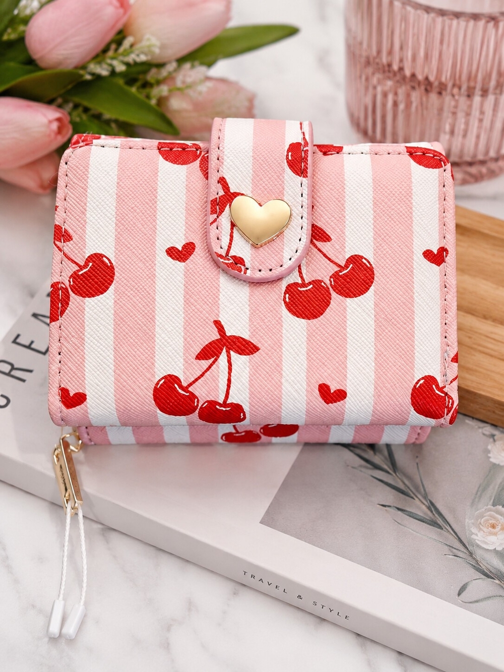 Madden Girl Pink & Red Cherry Stripe Snap Wallet